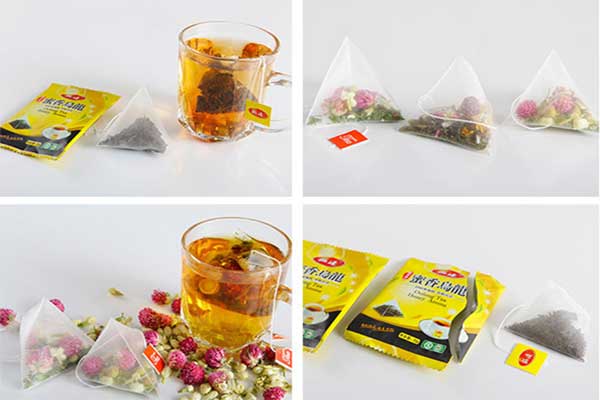 內(nèi)外袋茶葉包裝機(jī)可采用復(fù)合膜、過濾紙、無紡布等薄膜制袋
